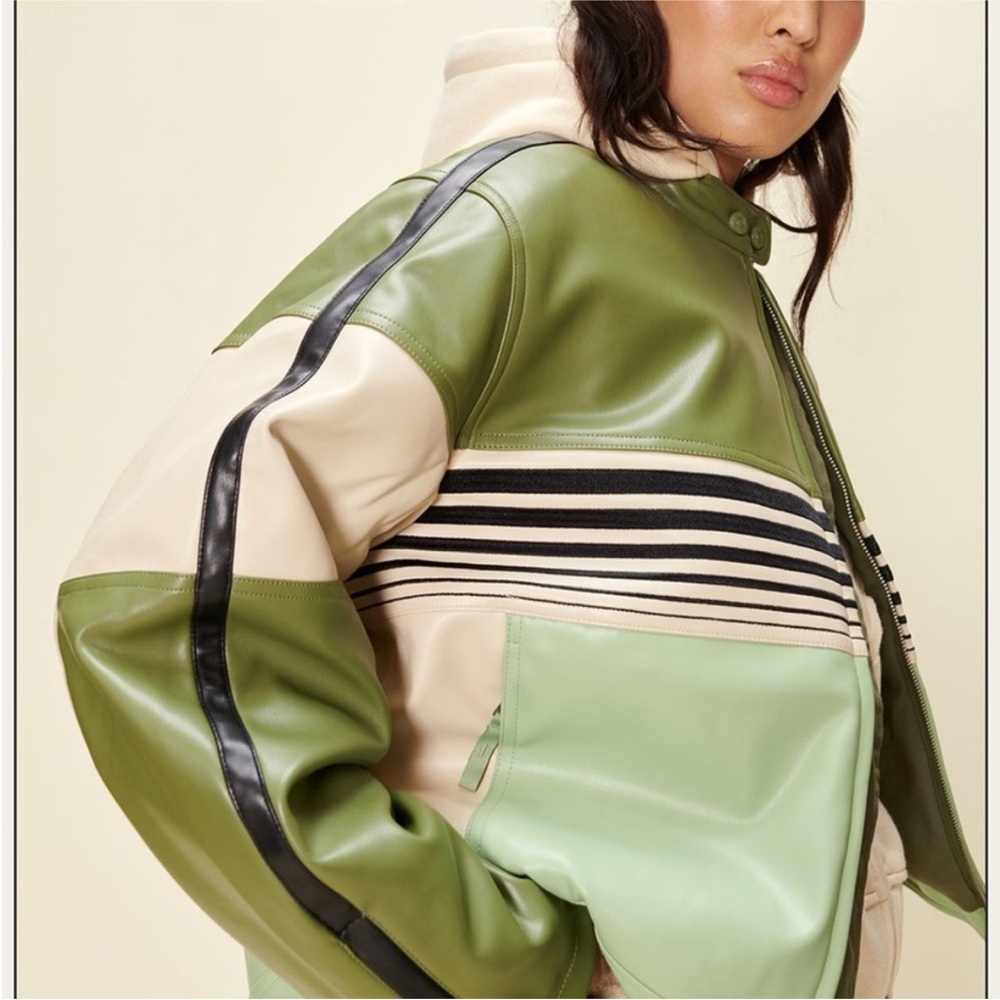 House of Sunny Green and Cream Panel Bomber Jacket - Picture 6 of 6